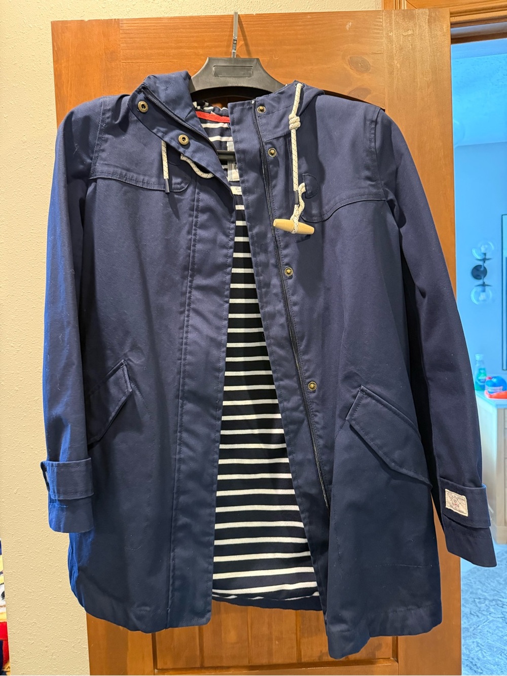 Joules Navy and White Striped Hooded Rain Jacket with Red Trim